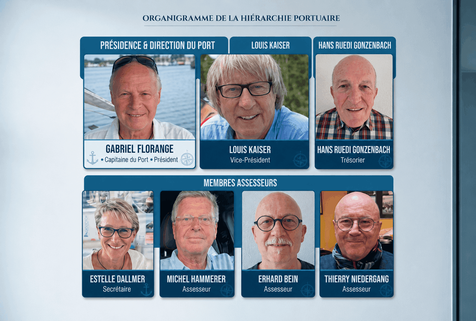 Organigramme du bureau du Nautic Club Kembs : Gabriel Florange (Président et Capitaine du Port), Louis Kaiser (Vice-Président), Hans Ruedi Gonzenbach (Trésorier), Estelle Dallmer (Secrétaire), Michel Hammerer, Erhard Bein et Thierry Niedergang (Assesseurs)