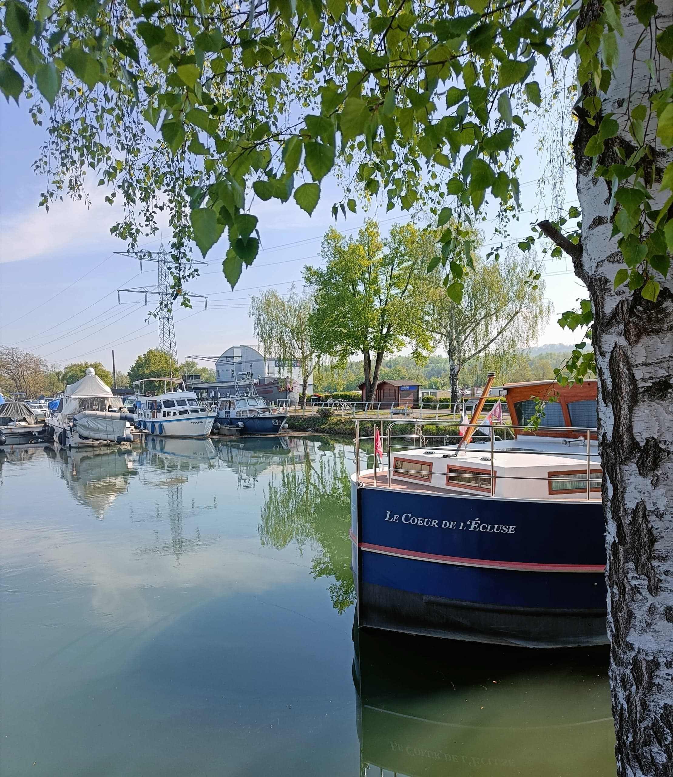 Le port de Kembs aujourd’hui — bateau Le Cœur de l’Écluse amarré, vu depuis la berge au printemps